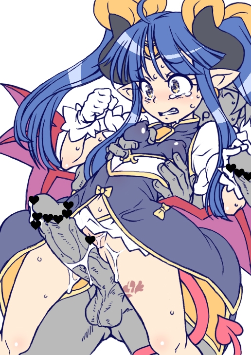 ahoge blue_hair blush bow breasts censored covered_nipples crying crying_with_eyes_open demon_girl demon_horns demon_tail demon_wings flat_color gloves grabbing grinding hair_ribbon handjob heart heart_censor horns imminent_rape imminent_sex imminent_vaginal large_penis long_hair low_wings no_panties nori_(akusei_shinseibutsu) penis penis_on_ass petite pointless_censoring pointy_ears pussy_juice ribbon ruruie_(shinrabanshou) shinrabanshou sidelocks small_breasts tail tears tiara twintails wings yellow_bow yellow_eyes