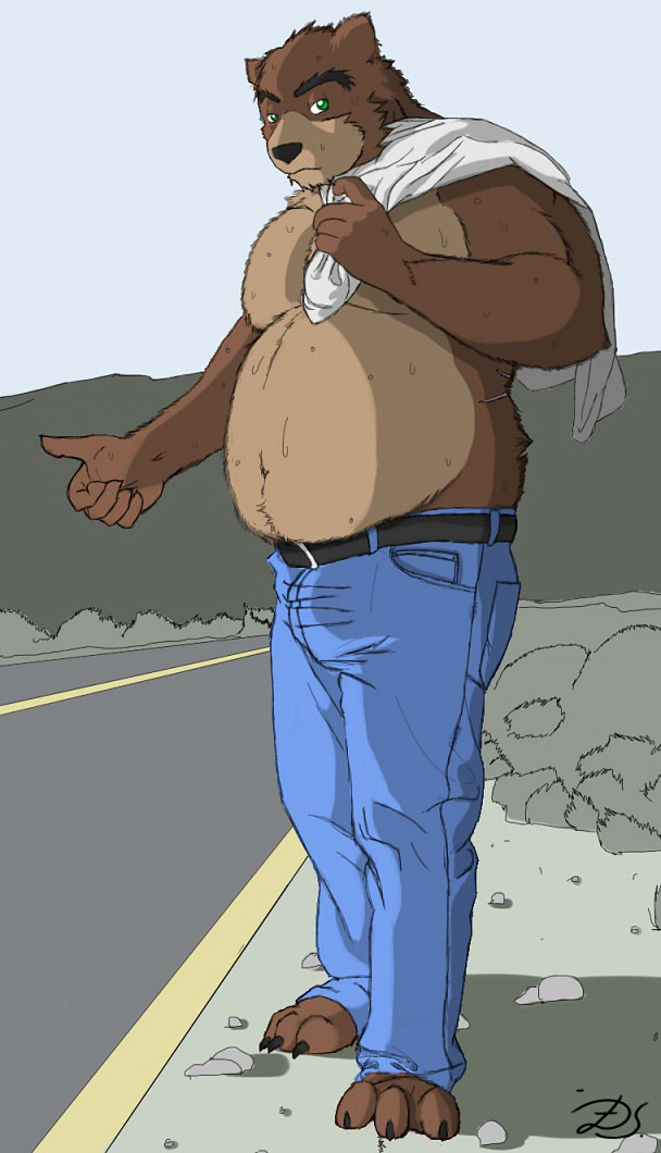 bear belly belt chub chubby cute dragonslash fluffy hairy hitch-hiker hitch-hiking invalid_background invalid_tag jeans male mammal masculine muscles overweight paws pecs road sweat thumb topless