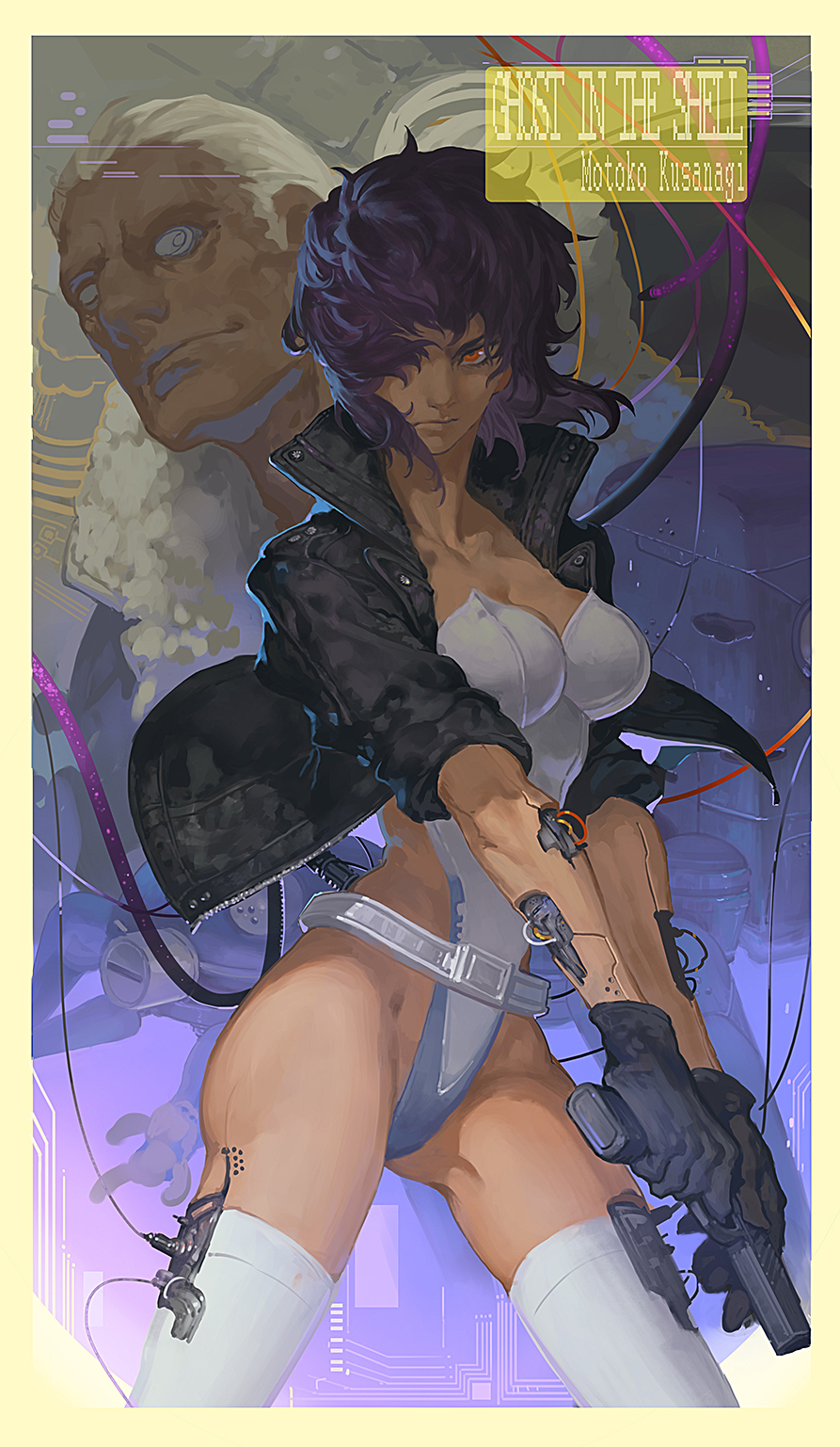1girl batou circuit_board cyborg ghost_in_the_shell ghost_in_the_shell_stand_alone_complex gloves gun hair_over_one_eye highres hunsay jacket kusanagi_motoko leotard purple_hair red_eyes tachikoma tube weapon wire