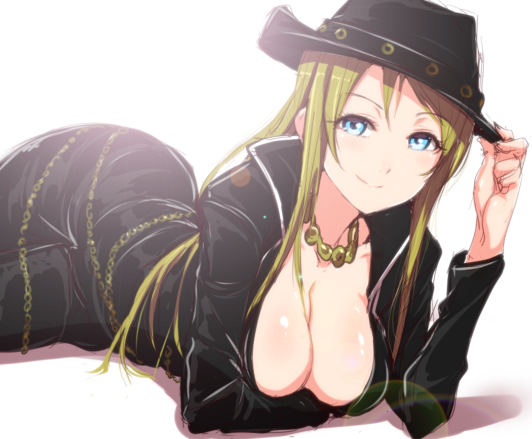 ayase_eli blonde_hair blue_eyes breasts chain clearite diamond_princess_no_yuuutsu gold_chain hat jewelry large_breasts long_hair looking_at_viewer love_live! love_live!_school_idol_project necklace smile solo