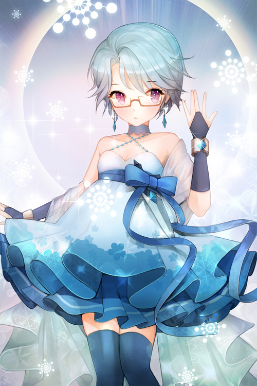 blue_hair bracelet bridal_gauntlets choker crystal dagger dress earrings esprit floral_print formal glasses jewelry meke red_eyes ribbon short_hair solo sword_girls thighhighs weapon