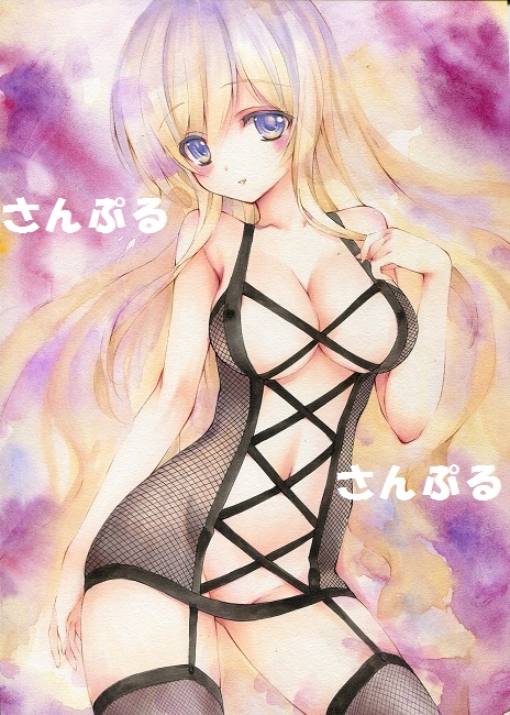 acrylic_paint_(medium) arm_at_side armpits bad_id bad_pixiv_id bikini blush blush_stickers breasts collarbone covered_nipples fishnet_legwear fishnets garter_straps gradient_hair groin hand_on_own_chest hijiri_byakuren kurousakun large_breasts light_smile long_hair looking_at_viewer multicolored_hair navel purple_eyes sample see-through smile solo swimsuit thighhighs touhou traditional_media wavy_hair