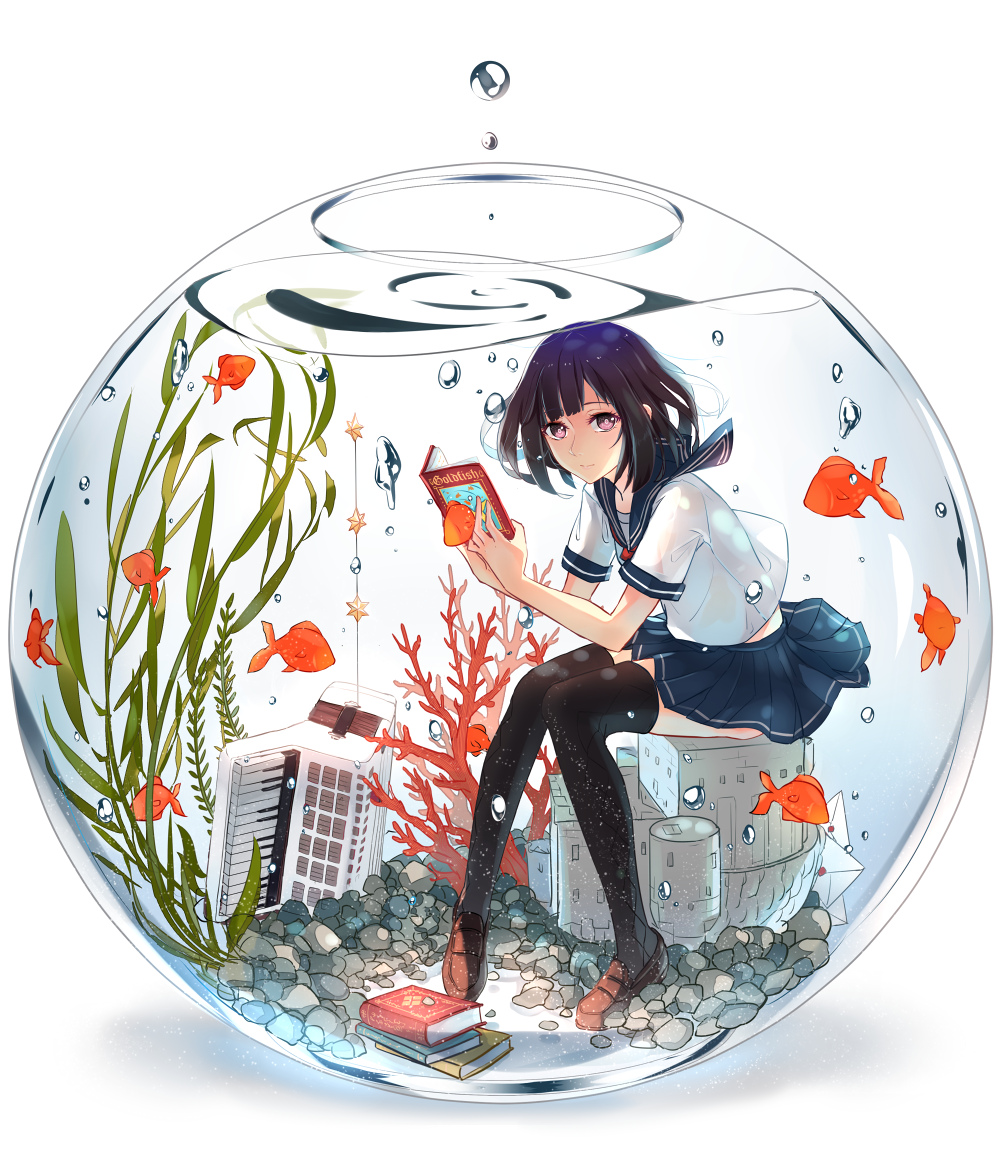 accordion air_bubble black_hair black_legwear book bubble coral encasement fish fishbowl goldfish in_container instrument looking_at_viewer original phantania purple_eyes revision school_uniform serafuku short_hair sitting skirt solo submerged thighhighs