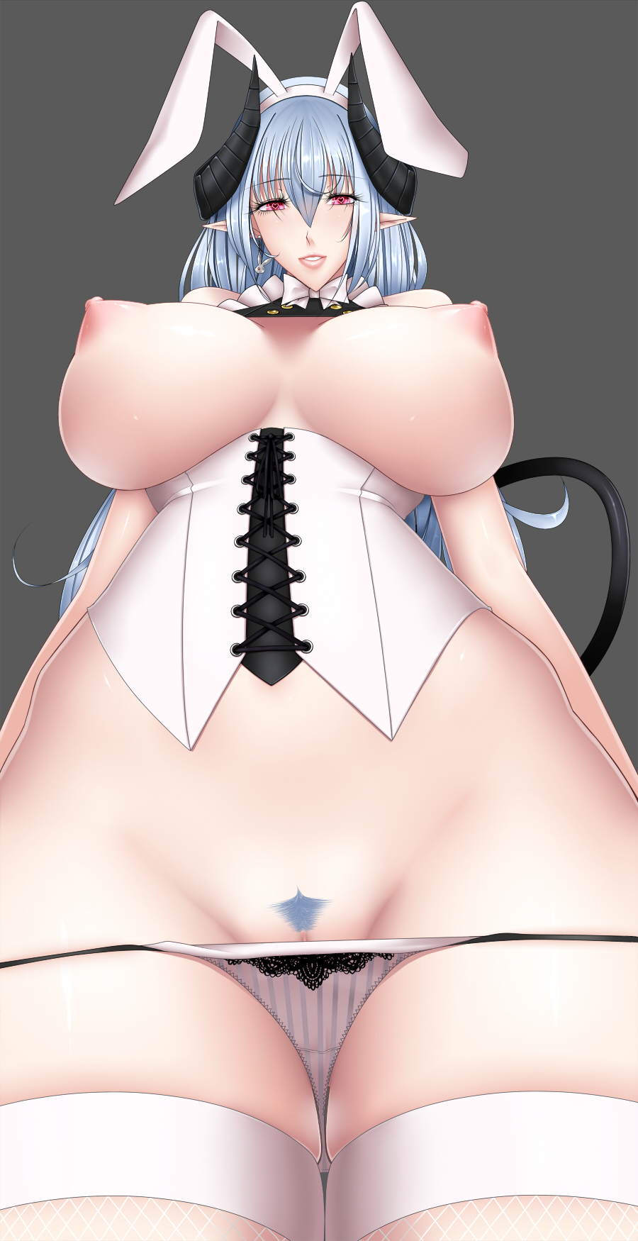 animal_ears areolae baru_(val-val) blue_hair breasts bunny_ears colored_pubic_hair corset demon_girl female hair_ornament heart heart-shaped_pupils highres horns huge_breasts legwear lingerie lips long_hair nipples no_bra panties panty_pull pointy_ears pubic_hair puffy_nipples pussy pussy_peek red_eyes simple_background solo standing succubus symbol-shaped_pupils tail thighhighs uncensored underwear
