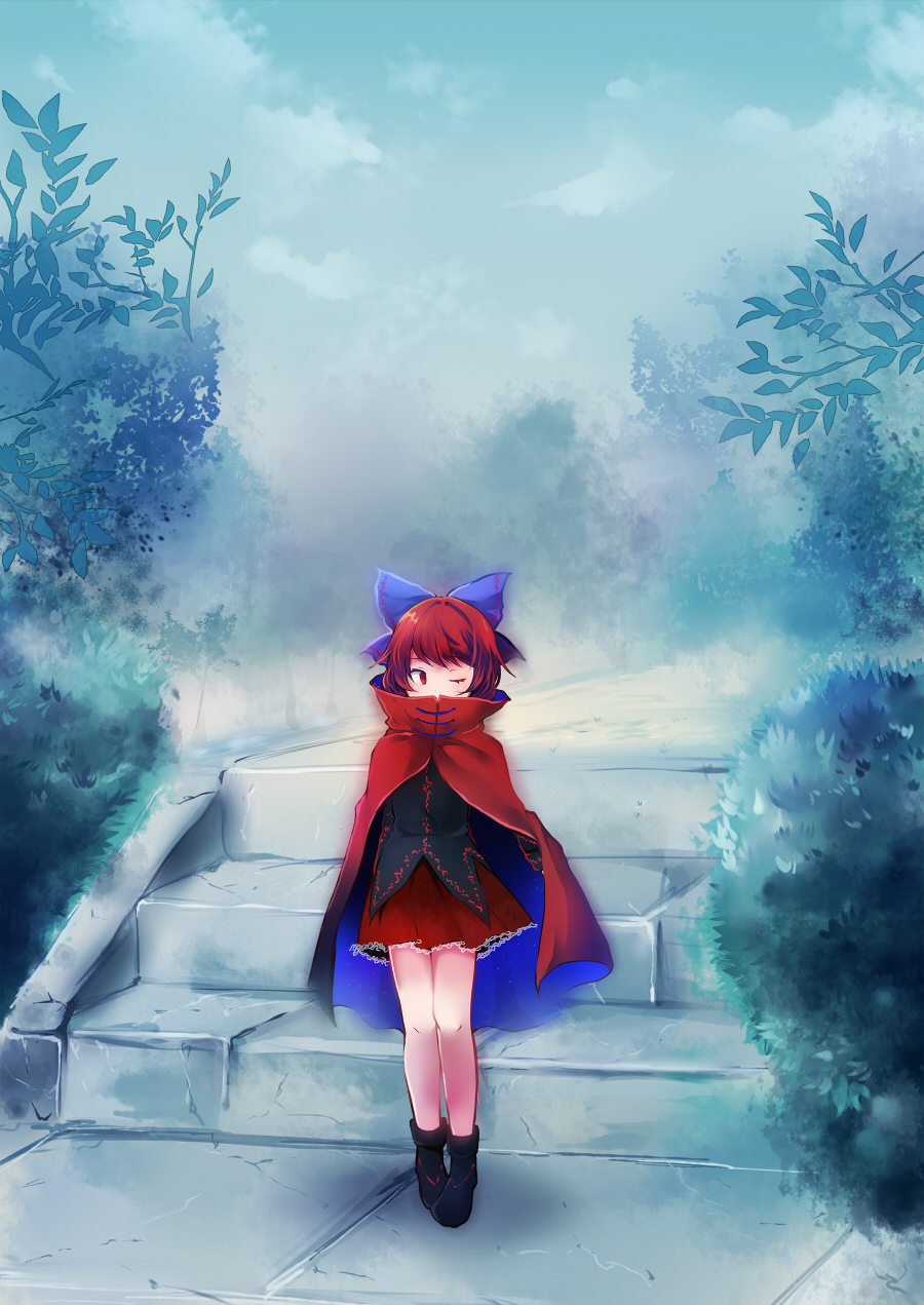 bad_id bad_pixiv_id bow cape cloud day hair_bow highres long_sleeves one_eye_closed red_eyes red_hair sekibanki short_hair skirt solo stairs touhou uranaishi_(miraura)