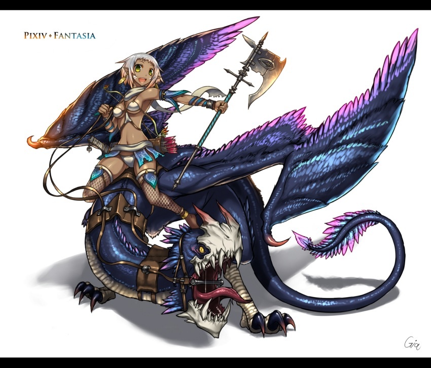 clothing dragon elf female gia(artist) gia_(artist) jewelry pixiv_fantasia saddle saliva scarf swimsuit weapon
