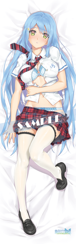 :o bed_sheet bishoujo_mangekyou blue_hair blush bra breasts cleavage dakimakura full_body green_eyes happoubi_jin large_breasts loafers long_hair looking_at_viewer necktie open_clothes open_shirt panties parted_lips plaid plaid_skirt sample sawatari_shizuku school_uniform shirt shoes skindentation skirt solo thighhighs underwear very_long_hair white_legwear