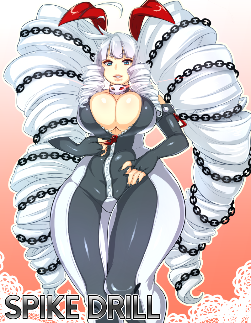 1girl agawa_ryou blue_eyes bodysuit breasts chains cleavage collar curvy drill_hair elbow_gloves female fingerless_gloves gloves hime_eyebrows huge_breasts lips long_hair nail_polish shiny silver_hair skull smile standing thick_thighs thighs very_long_hair white_hair wide_hips