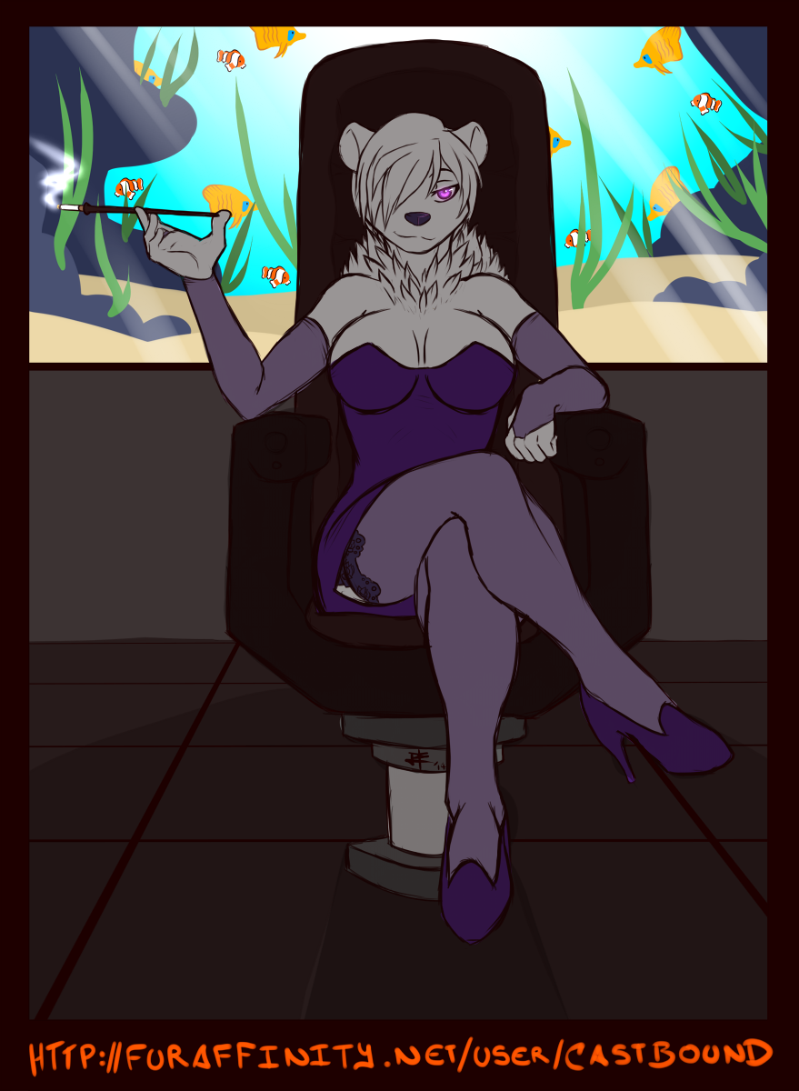 bare_shoulders bear breasts castbound cigarette cleavage clothed clothing female fish five_fingers hair legwear mammal marine polar_bear purple_eyes seductive sitting smoke solo stockings water white_hair