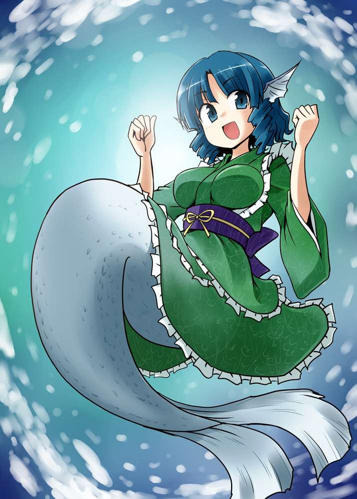 blue_eyes blue_hair drill_hair head_fins japanese_clothes kousei_(public_planet) mermaid monster_girl solo touhou wakasagihime wide_sleeves