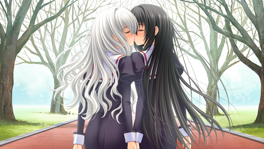 2girls black_hair game_cg kiss multiple_girls outdoors white_hair yuri