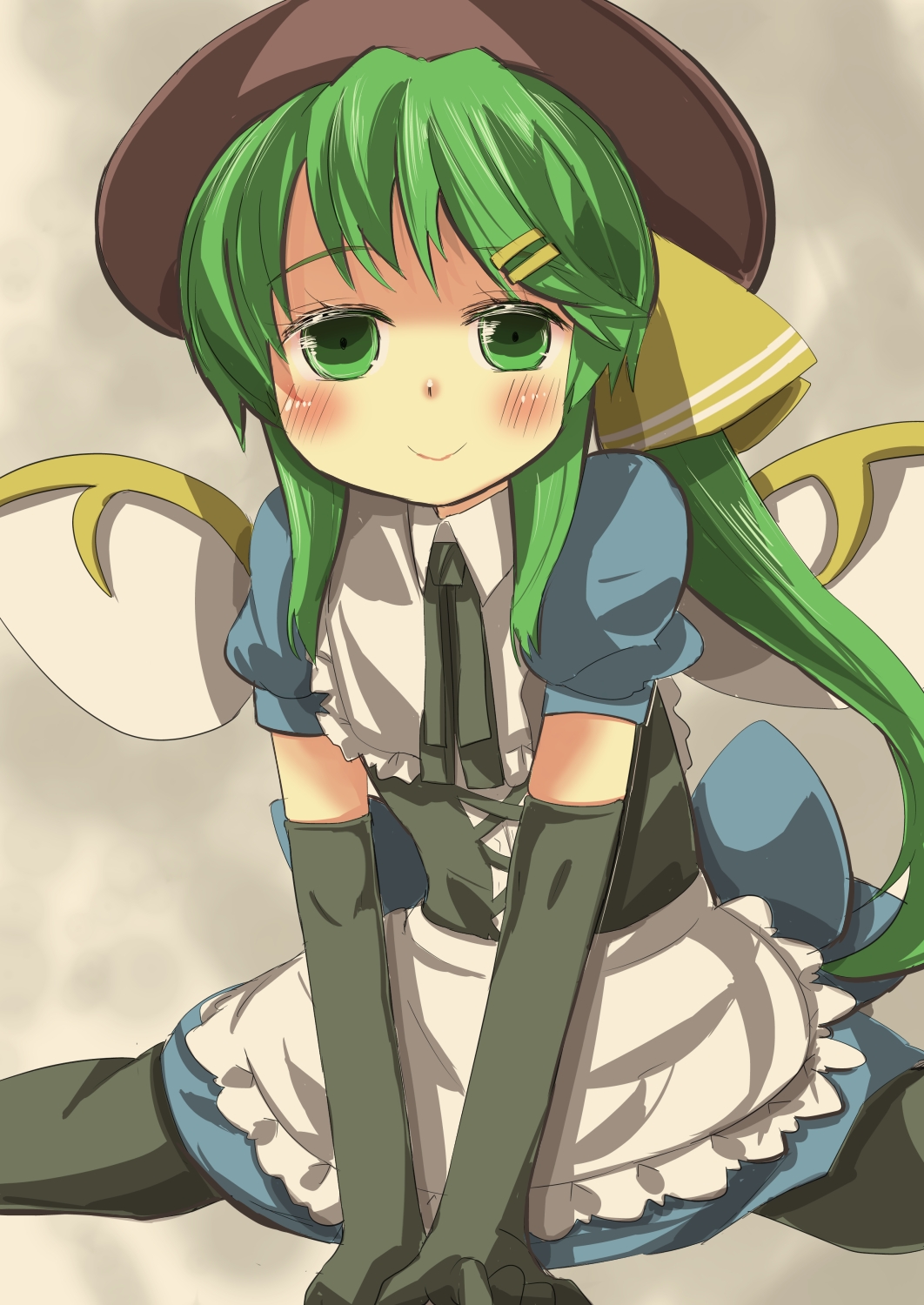 adapted_costume blush bow daiyousei elbow_gloves fairy_wings gaoo_(frpjx283) gloves gothic_lolita green_eyes green_hair hair_bow hair_ornament hairpin hat highres lolita_fashion long_hair pantyhose side_ponytail solo touhou wings