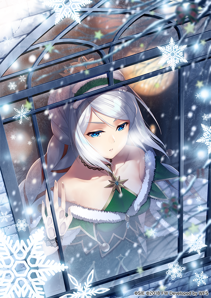 1girl against_glass bare_shoulders blue_eyes braid breasts character_request collarbone company_name dress green_dress green_hairband hairband hamada_pochiwo indoors looking_afar official_art sidelocks small_breasts snowflakes through_window white_hair wild_arms window