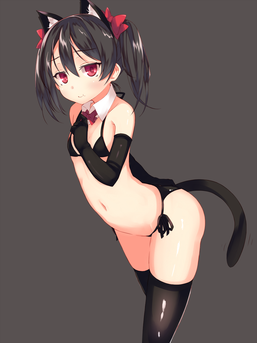 :t animal_ears ass bikini black_gloves black_hair black_legwear bow cat_ears cat_tail collar detached_collar elbow_gloves flat_chest from_side gloves hair_bow hand_on_own_chest highres love_live! love_live!_school_idol_project navel ponkotsu_(ayarosu) red_eyes short_hair solo standing swimsuit tail thighhighs twintails yazawa_nico