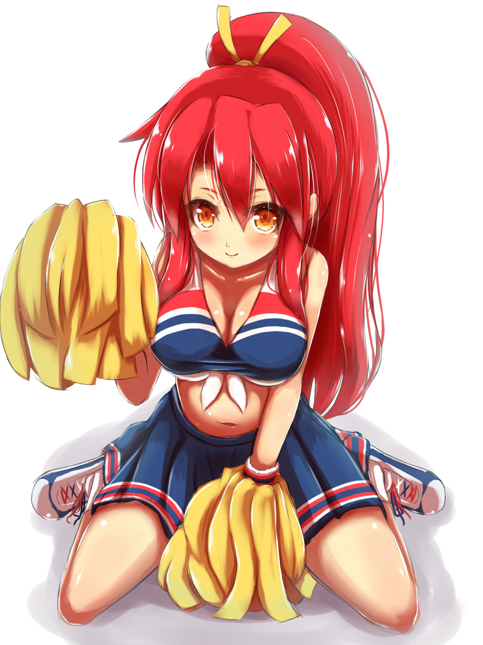 blush breasts cheerleader cleavage collarbone crop_top full_body hair_ribbon highres ichina_(osabakitina) large_breasts long_hair looking_at_viewer midriff navel orange_eyes pleated_skirt pom_poms ponytail racoona_sheldon red_hair ribbon sekaiju_no_meikyuu shadow shin_sekaiju_no_meikyuu shoes sitting sketch skirt smile sneakers solo wariza white_background wristband