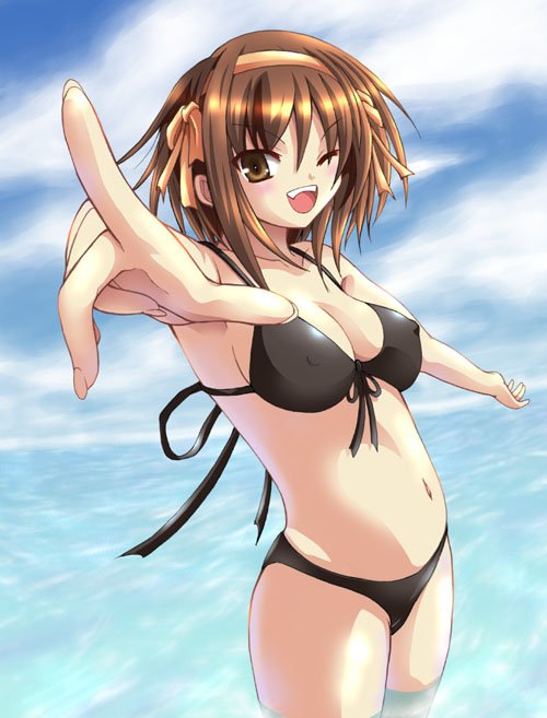 bikini breasts brown_eyes brown_hair covered_nipples day eguchi_hachihito fang hairband medium_breasts one_eye_closed orange_hairband pointing short_hair solo suzumiya_haruhi suzumiya_haruhi_no_yuuutsu swimsuit wading water