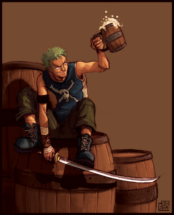 artist_request barrel cup froth green_hair grin katana male_focus mug one_piece roronoa_zoro simple_background skull_and_crossbones smile solo sword weapon