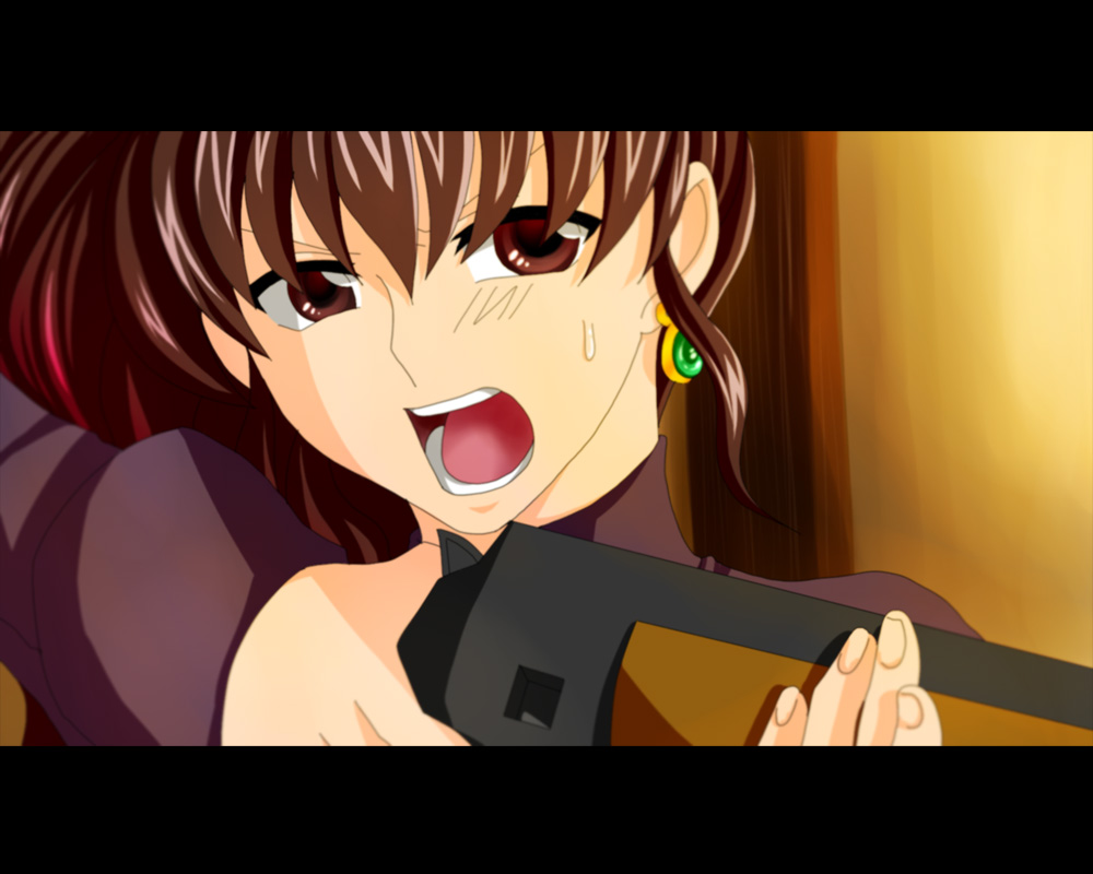 artist_request brown_eyes brown_hair gun jewelry open_mouth solo sweat umineko_no_naku_koro_ni ushiromiya_natsuhi weapon