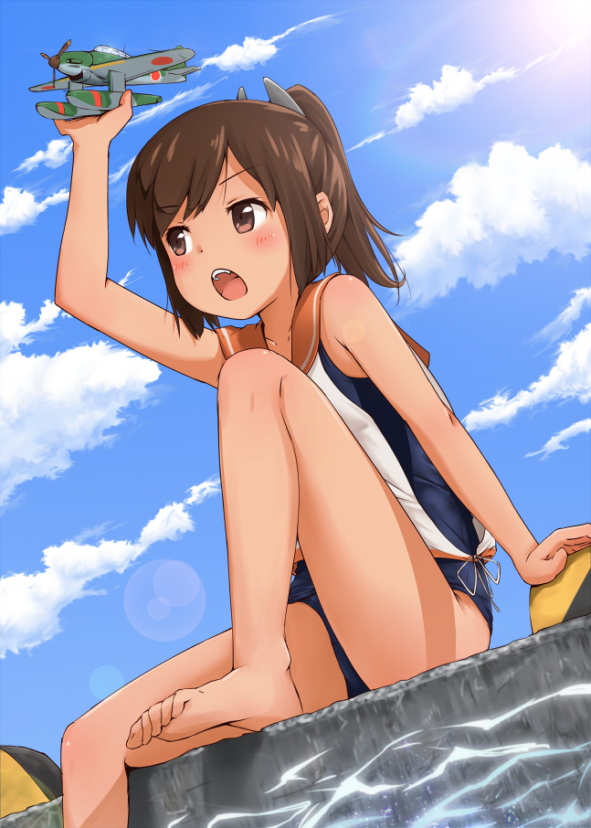aircraft airplane arm_up bare_legs bare_shoulders barefoot blue_sky blush brown_eyes brown_hair cloud day i-401_(kantai_collection) kantai_collection legs lens_flare m6a_seiran one-piece_swimsuit open_mouth ponytail sailor_collar school_swimsuit seaplane short_hair short_ponytail sitting sky solo suke_(momijigari) swimsuit swimsuit_under_clothes toe_scrunch toy_airplane water