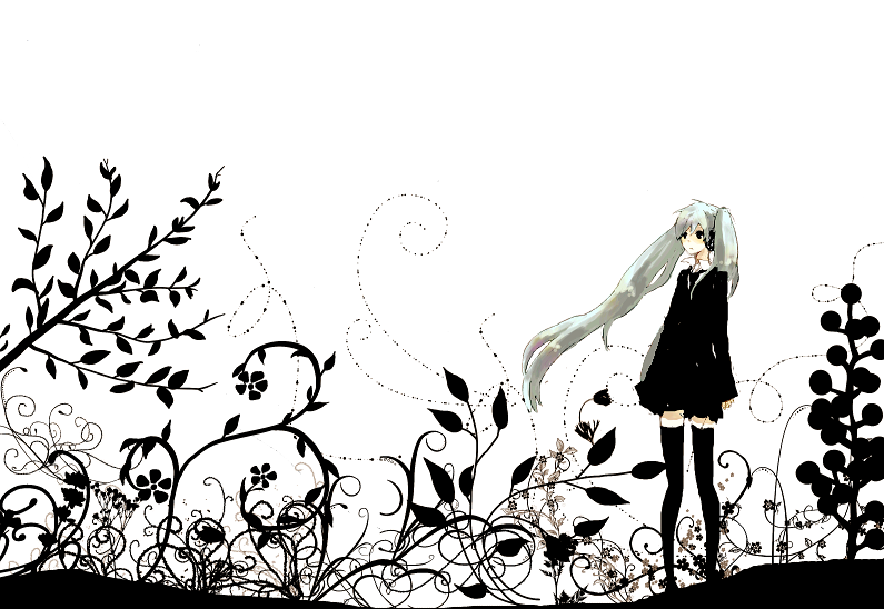 bad_id bad_pixiv_id expressionless floating_hair flower formal full_body hatsune_miku iko_(i-my-16) long_hair looking_away saihate_(vocaloid) skirt solo standing thighhighs twintails vocaloid zettai_ryouiki