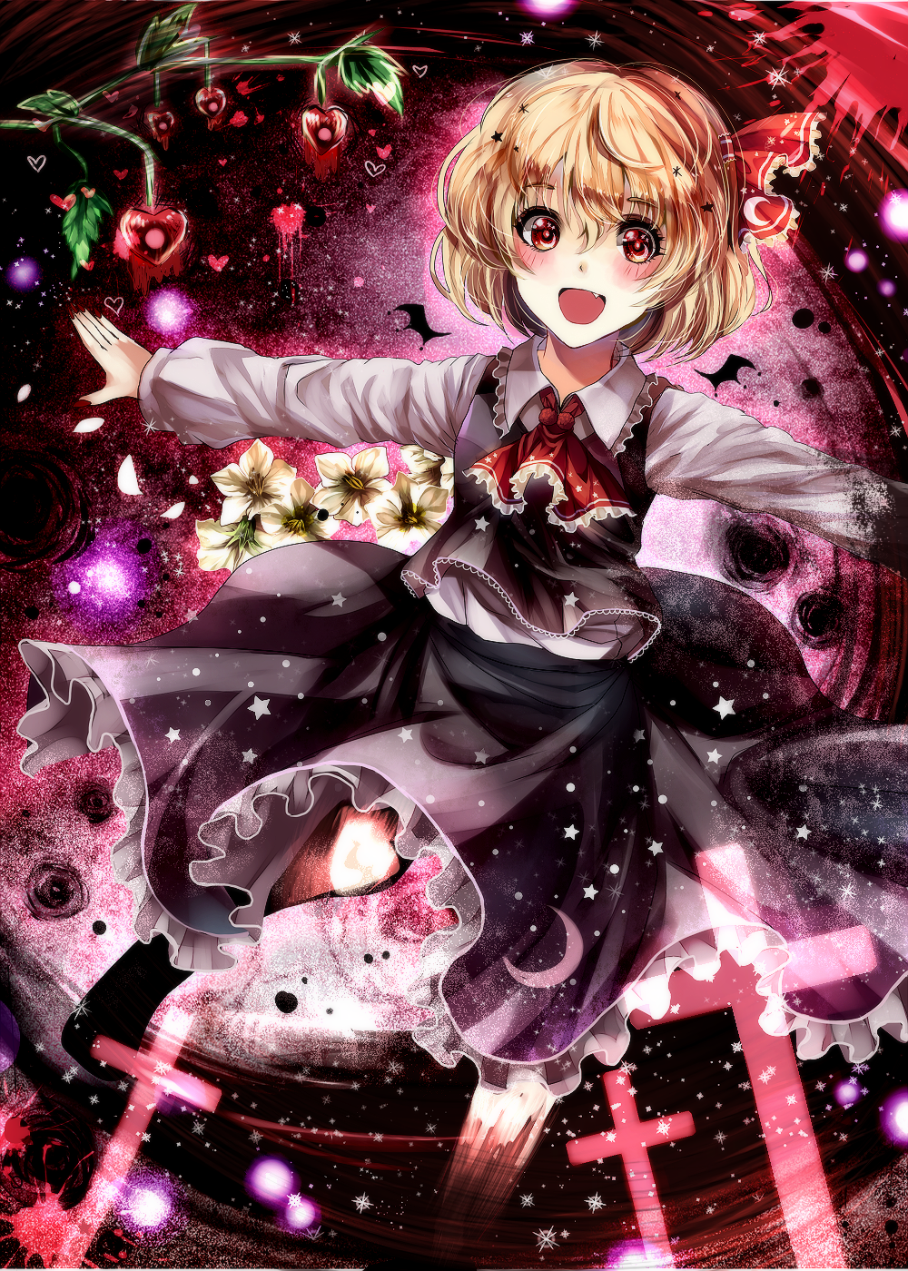 ascot blonde_hair cherry crescent_moon cross fang food fruit hair_ribbon highres kotonoman long_sleeves looking_at_viewer moon open_mouth outstretched_arms petals red_eyes ribbon rumia shirt skirt skirt_set smile solo touhou vest