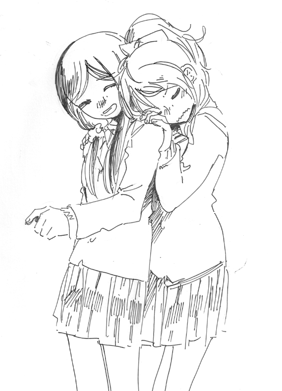 ayase_eli black_hair blush bow greyscale hug hug_from_behind love_live! love_live!_school_idol_project monochrome multiple_girls otonokizaka_school_uniform ponytail school_uniform sketch skirt smile tamagogogo toujou_nozomi twintails wavy_mouth yuri