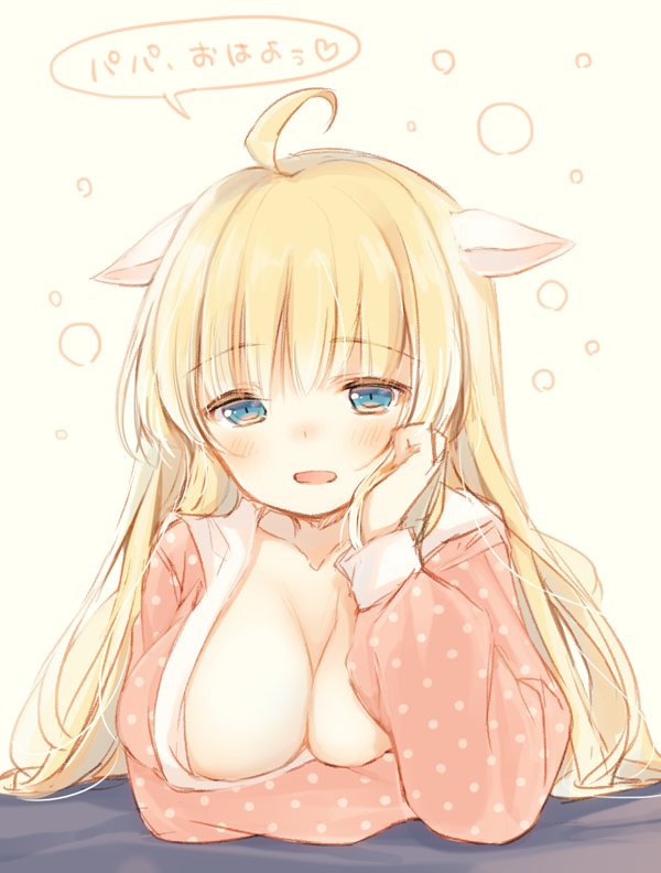 ahoge animal_ears blonde_hair blue_eyes blush breast_hold breasts chin_rest cleavage collarbone garuta_(yamcha) large_breasts long_hair long_sleeves looking_at_viewer no_bra open_mouth original pajamas polka_dot solo translated yamcha_(cocololi)