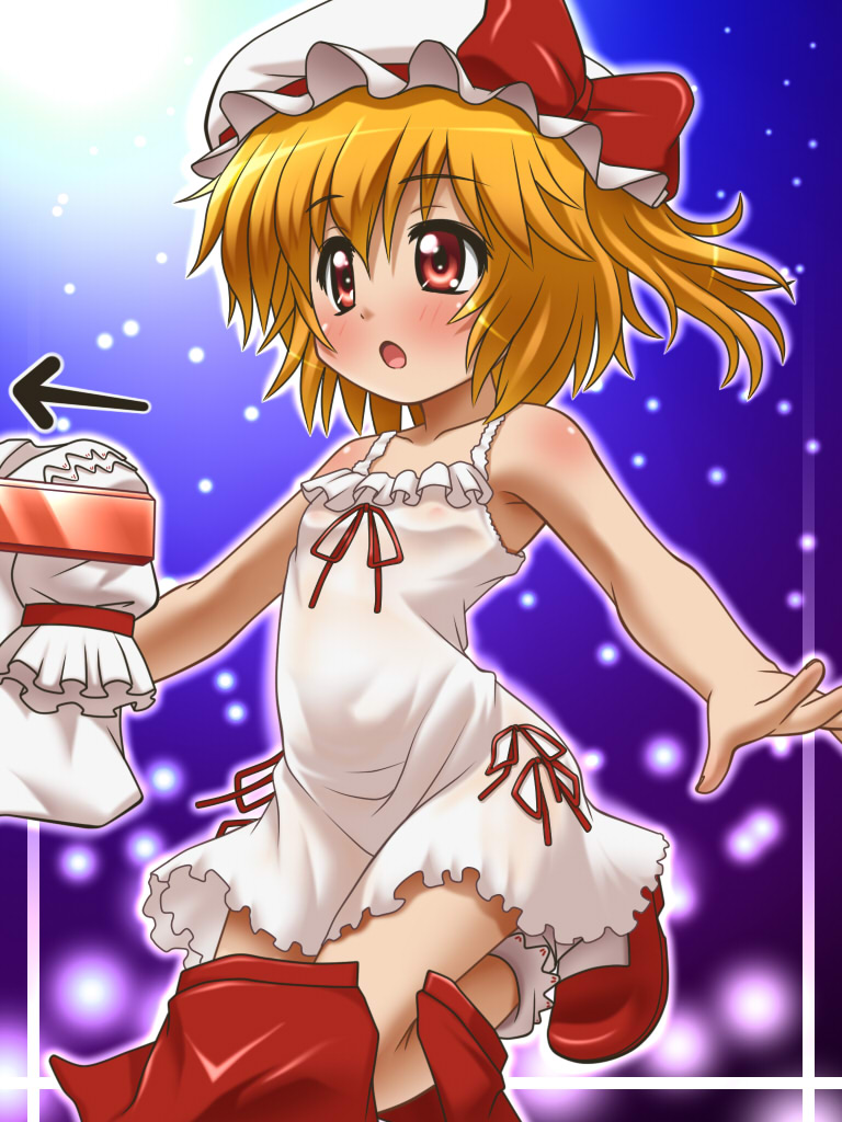 ascot awa blonde_hair blouse blush bobby_socks clothes_removed covered_nipples flandre_scarlet flat_chest hat nipples open_mouth red_eyes see-through shirt shirt_removed short_hair side_ponytail skirt skirt_pull skirt_set socks solo touhou underwear wings