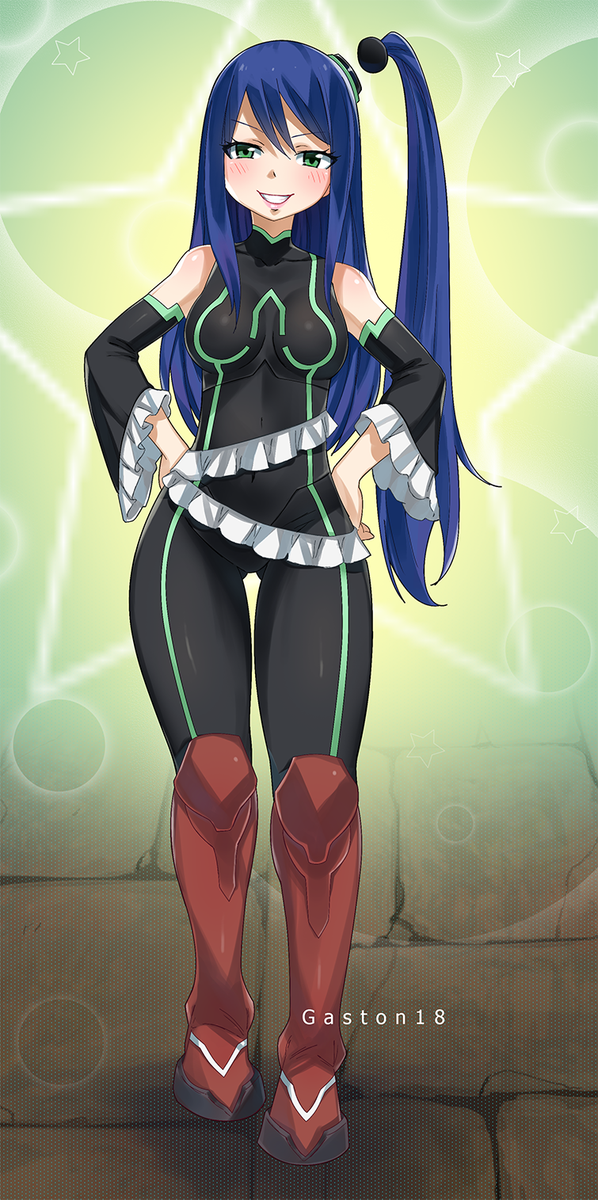 blue_hair blush boots breasts detached_ponytail detached_sleeves eden's_zero eden's_zero gaston18 gloves green_eyes hands_on_hips knee_boots labilia_christy navel side_ponytail skin_tight sleeveless small_breasts stripes thigh_gap