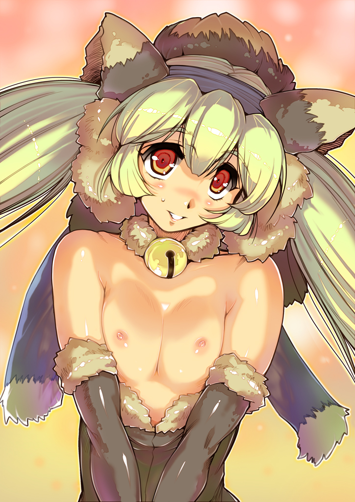 bell bell_collar breasts collar elbow_gloves gloves green_hair harem_gain head_tilt hisahiko long_hair looking_at_viewer md5_mismatch medium_breasts nipples red_eyes smile solo sweatdrop