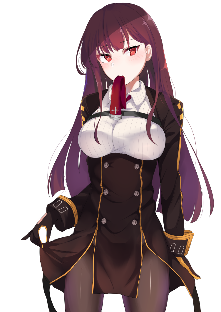 1girl ashino bangs black_legwear black_skirt blazer blush breasts double-breasted eyebrows_visible_through_hair framed_breasts girls_frontline gloves hair_ribbon half_updo high-waist_skirt jacket large_breasts lifted_by_self long_hair looking_at_viewer necktie necktie_in_mouth one_side_up pantyhose pelvic_curtain purple_hair red_eyes red_neckwear ribbon shirt simple_background skirt skirt_lift solo striped striped_shirt thighband_pantyhose tsurime very_long_hair wa2000_(girls_frontline) white_background white_shirt