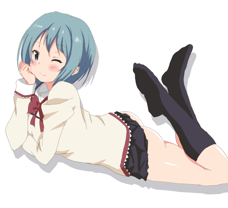 ass bad_id bad_pixiv_id blue_eyes blue_hair chin_rest hoshino. lying mahou_shoujo_madoka_magica miki_sayaka no_panties one_eye_closed school_uniform simple_background socks solo white_background