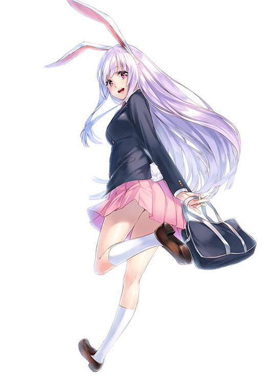 animal_ears blazer bunny_ears bunny_tail full_body jacket kyon_(fuuran) loafers long_hair looking_at_viewer open_mouth purple_hair red_eyes reisen_udongein_inaba shoes simple_background skirt smile solo tail touhou white_background white_legwear