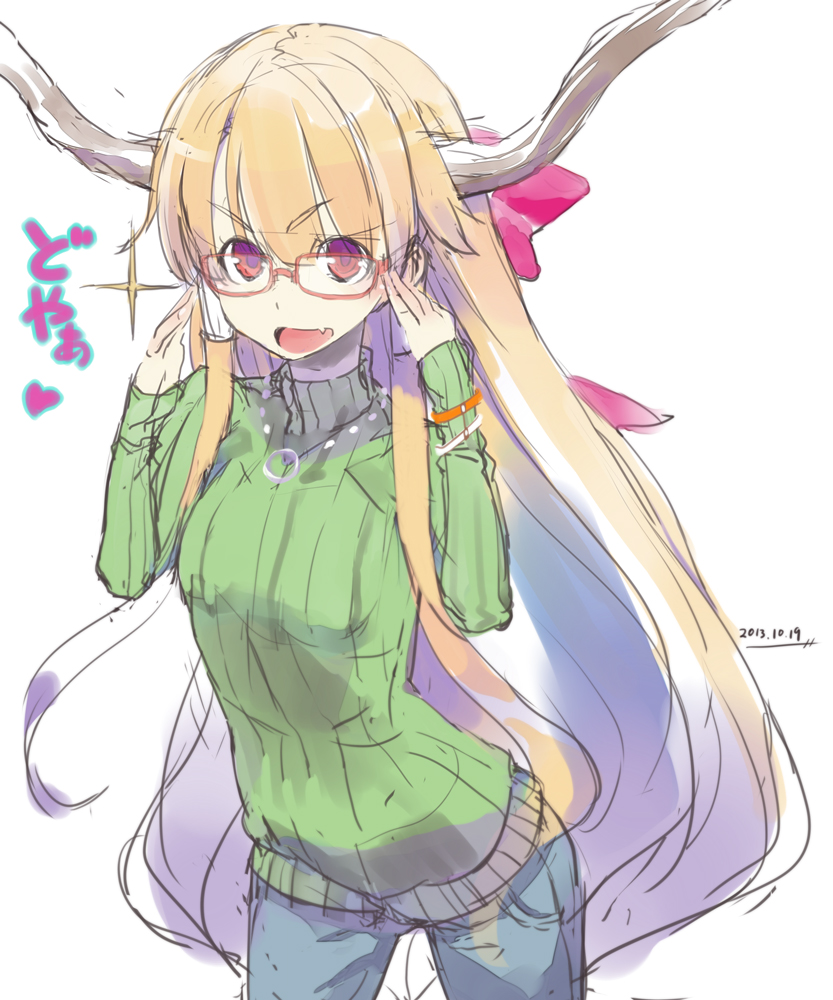 alternate_costume bespectacled blonde_hair bow casual contemporary dated denim fang glasses hair_bow hidori_(hibi_toridori) horns ibuki_suika jeans long_hair looking_at_viewer open_mouth pants red-framed_eyewear red_eyes ribbed_sweater simple_background sketch smile solo sweater touhou translated very_long_hair white_background