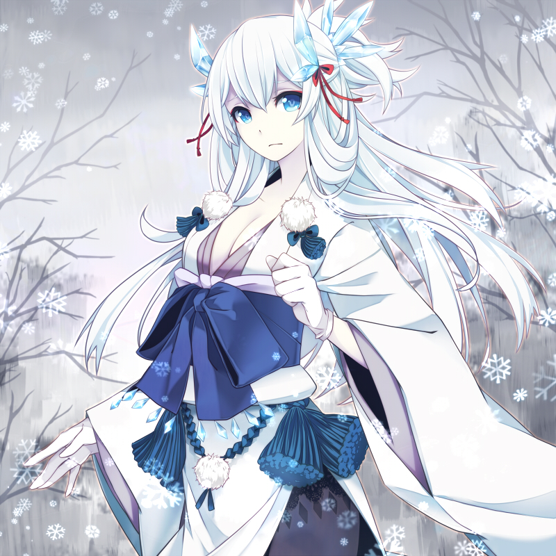 ayakashi_hyakkiyakou blue_eyes breasts cleavage commentary_request hair_ornament japanese_clothes large_breasts merlusa original ribbon snow solo white_hair yuki_onna