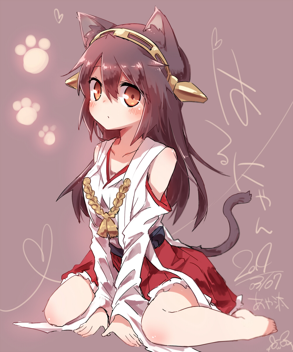 animal_ears ayakashi_(monkeypanch) bare_shoulders barefoot black_hair brown_eyes cat_ears detached_sleeves hairband haruna_(kantai_collection) highres japanese_clothes kantai_collection kemonomimi_mode long_hair paw_print sitting solo tail wariza