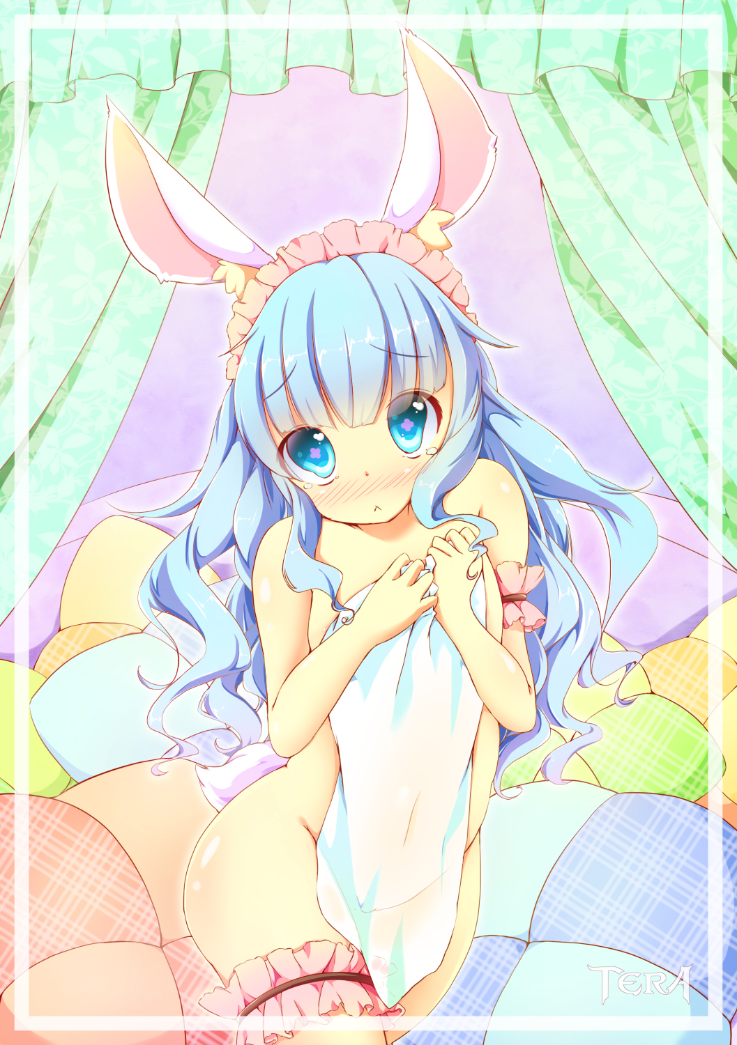 :&lt; animal_ears blue_eyes blue_hair blush bunny_ears covering covering_breasts elin_(tera) groin highres kt_cano long_hair nude solo tail tears tera_online towel