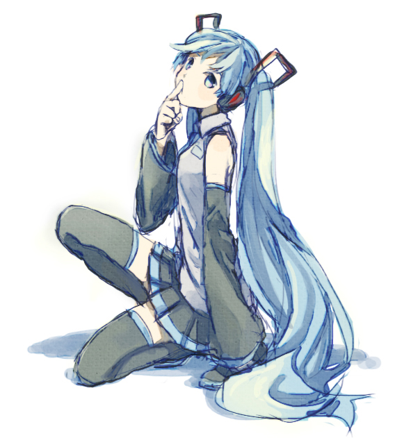 bad_id bad_pixiv_id blue_eyes blue_hair expressionless finger_to_mouth full_body hatsune_miku head_tilt iko_(i-my-16) long_hair looking_at_viewer shirt sitting skirt sleeveless sleeveless_shirt solo twintails very_long_hair vocaloid