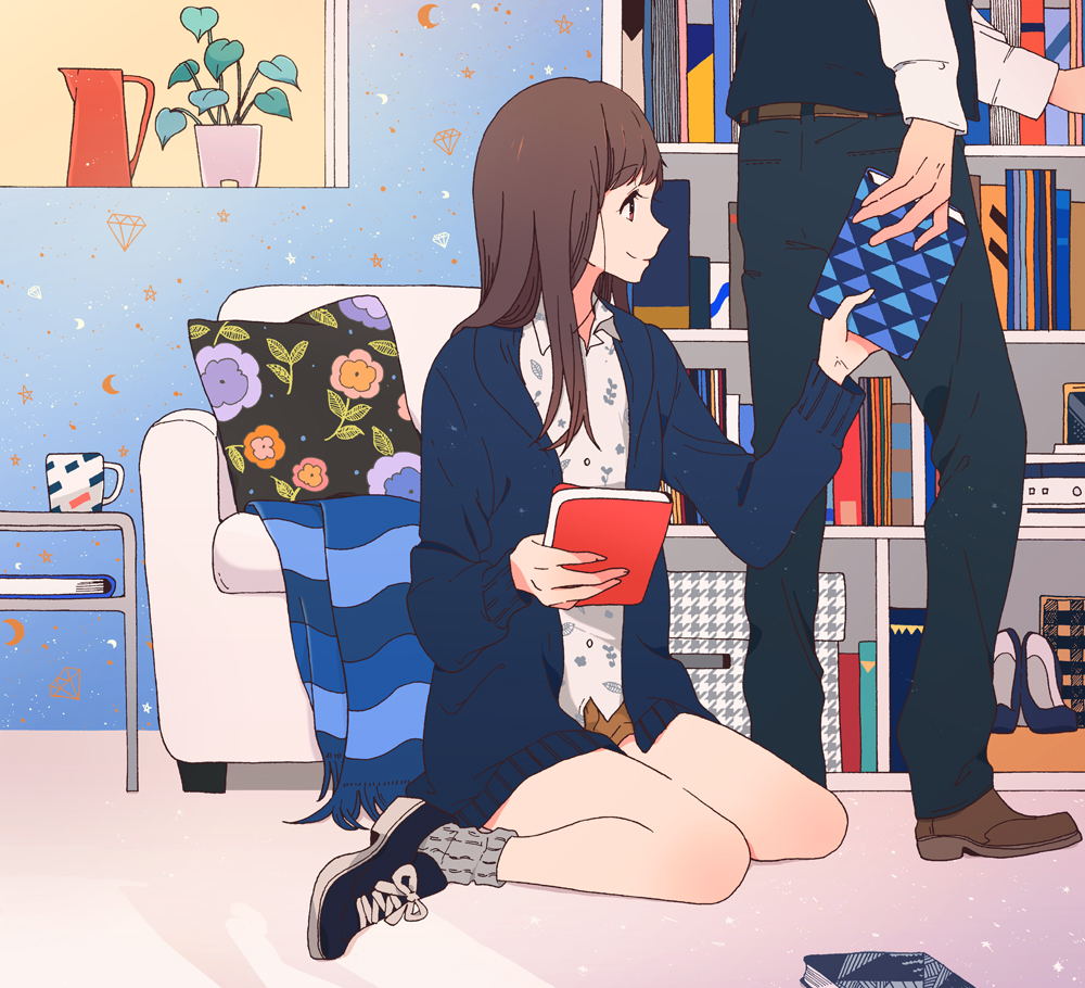1girl bad_id bad_pixiv_id book bookshelf brown_eyes brown_hair commentary couch cup head_out_of_frame interior keishin long_hair mug original out_of_frame plant sitting smile sweater sweater_vest wariza window