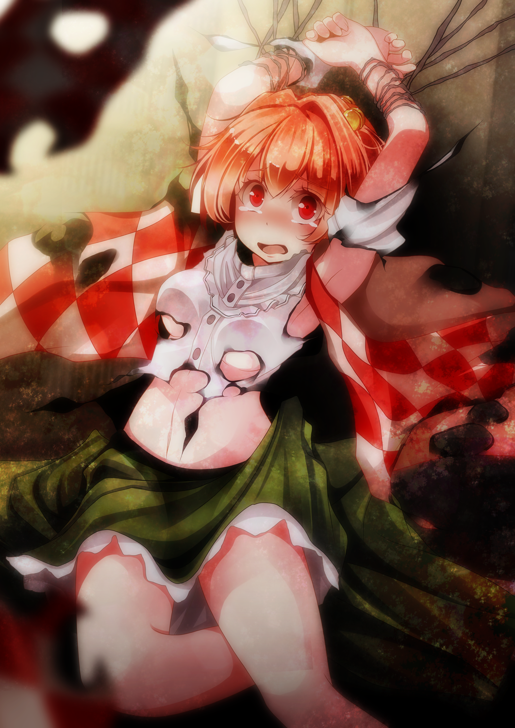arms_up bad_id bad_pixiv_id bdsm bondage bound highres looking_at_viewer motoori_kosuzu open_mouth red_eyes red_hair s-syogo short_hair skirt solo tears torn_clothes touhou
