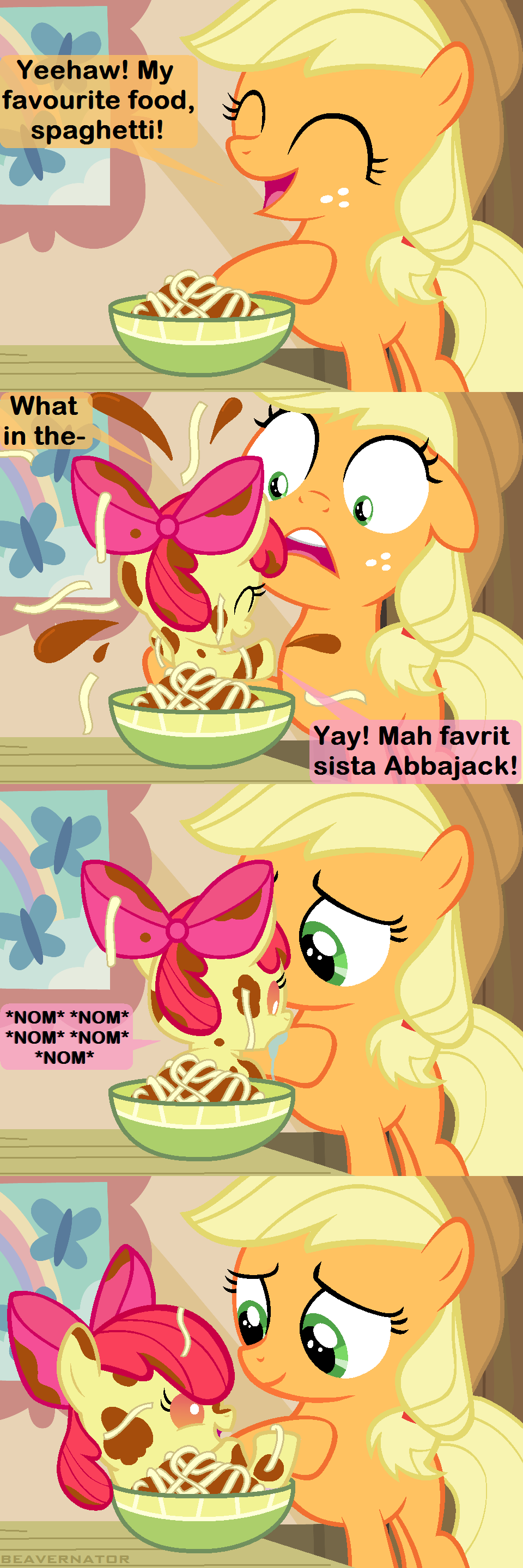 amber_eyes apple_bloom_(mlp) applejack_(mlp) beavernator blonde_hair bow bowl cub cute duo equine eyes_closed female feral food freckles friendship_is_magic fur green_eyes hair hairband hat hi_res horse inside mammal my_little_pony open_mouth orange_fur photo pony red_hair saliva smile spaghetti table teeth tongue yellow_fur young