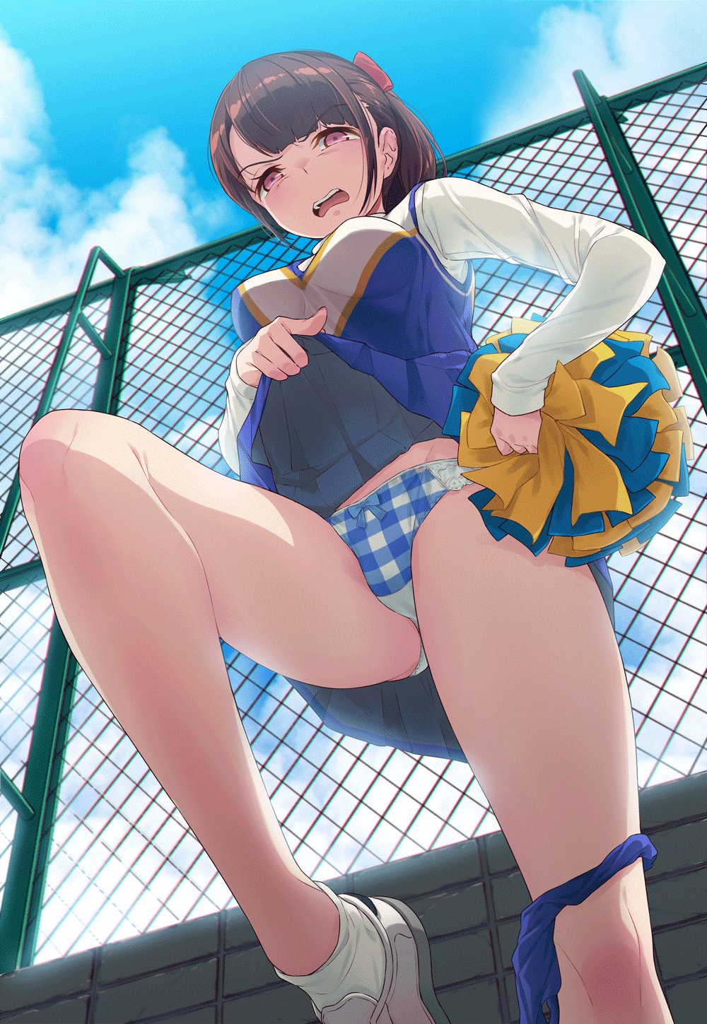 40hara ass ass_visible_through_thighs bangs blue_skirt bow bow_panties breasts brown_hair buruma buruma_around_one_leg chain-link_fence cheerleader cloud cloudy_sky commentary commentary_request day disgust eyebrows_visible_through_hair feet_out_of_frame fence from_below gesugao gingham gluteal_fold highres leg_up legs lifted_by_self long_hair long_sleeves looking_at_viewer medium_breasts open_mouth original outdoors panties plaid plaid_panties pleated_skirt pom_poms ponytail red_bow rooftop shirt shoes sidelocks skirt skirt_lift sky sleeves_past_wrists sneakers socks solo tareme thighs underwear white_legwear