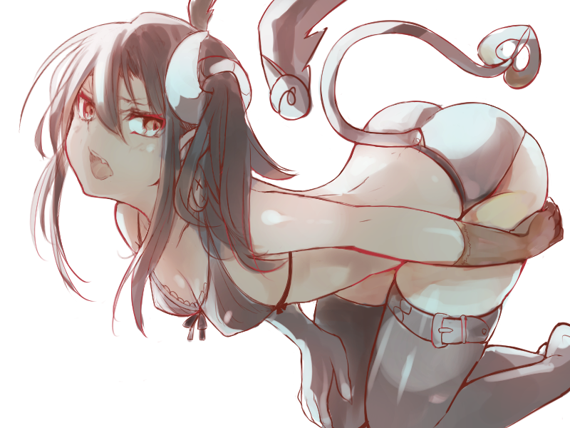 black_bra black_gloves black_hair black_legwear blush bra breasts cleavage demon_tail detached_wings elbow_gloves fang gloves horns naomi_(sekai_no_hate_no_kissaten) open_mouth original panties red_eyes sheep_horns short_hair side_ponytail simple_background small_breasts solo tail thighhighs underwear underwear_only white_background wings