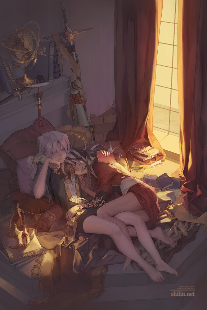 barefoot bed blackbird book bottle brown_hair carciphona chin_rest closed_eyes leg_between_thighs long_hair lying multiple_girls on_back on_bed on_side parted_lips pillow scroll shilin silver_hair sleeping sword tattoo veloce_visrin weapon window yuri