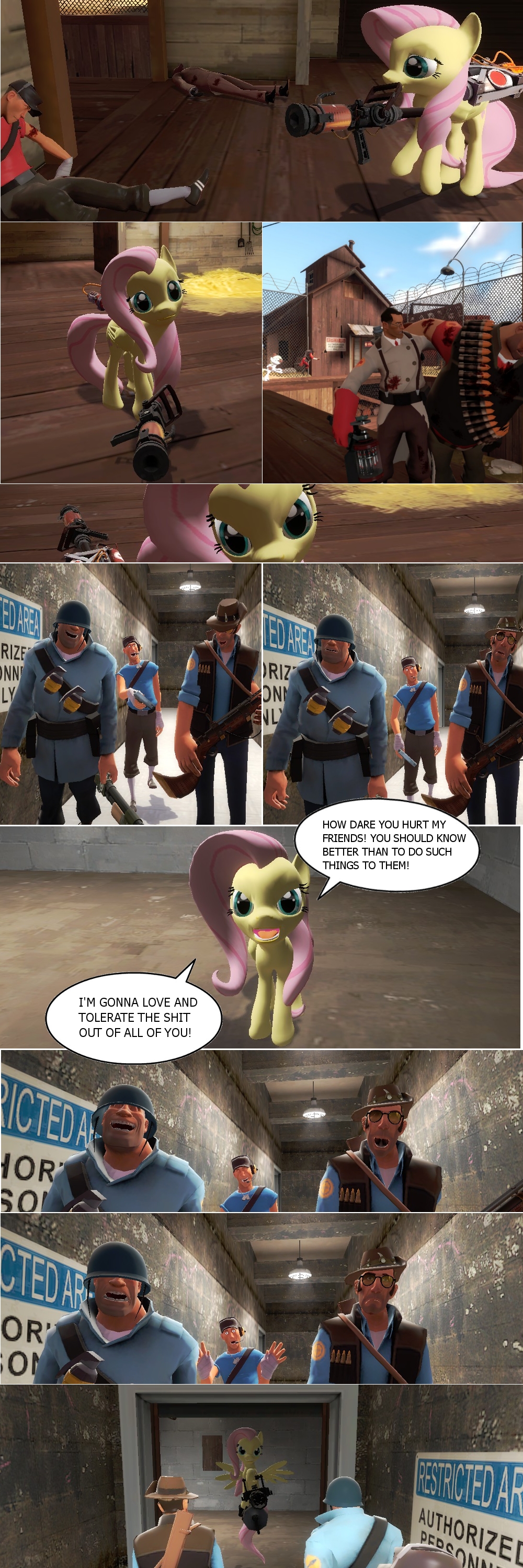absurd_res angry blood bullet comic demoman_(team_fortress_2) derpy_hooves_(mlp) equine eyewear female feral fluttershy_(mlp) flying friendship_is_magic fur geronkizan glasses gloves green_eyes grenade group hair hat heavy_(team_fortress_2) helmet hi_res horse male mammal medic medic_(team_fortress_2) medigun minigun my_little_pony oh_shit open_mouth pegasus pink_hair pony rage ranged_weapon scout_(team_fortress_2) sniper_(team_fortress_2) soldier_(team_fortress_2) spy_(team_fortress_2) team_fortress_2 teeth tongue valve vest weapon wings yellow_fur