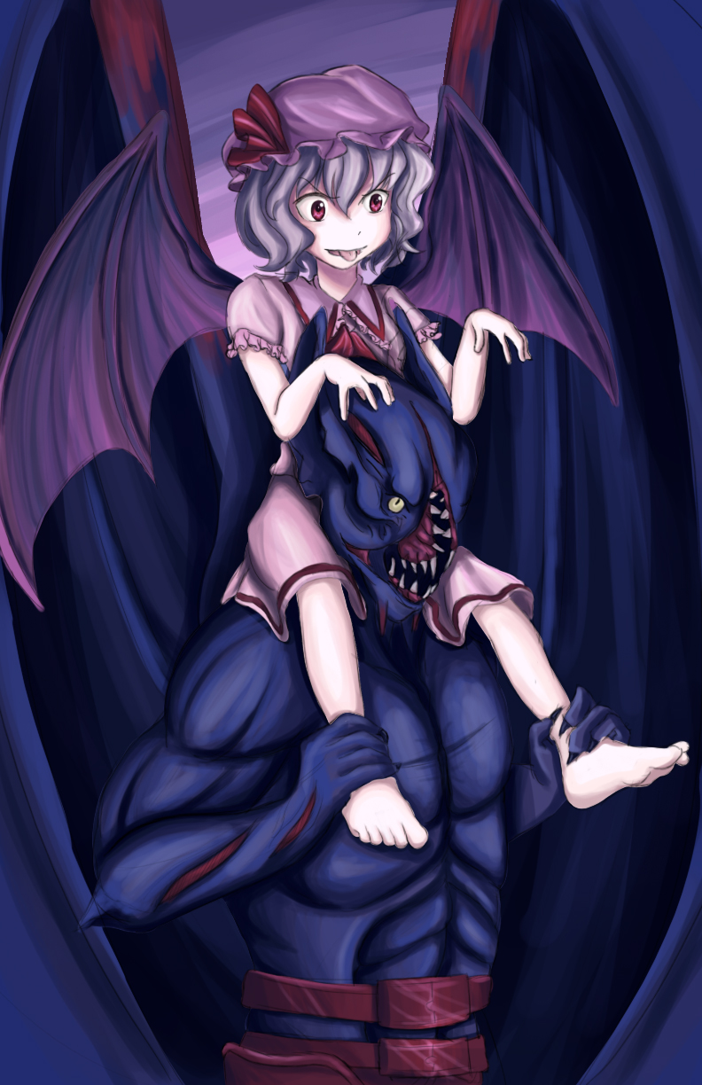 barefoot bat_wings carrying crossover defense_of_the_ancients dota_2 hat highres mob_cap night_stalker_(dota) red_eyes remilia_scarlet scylla812 shoulder_carry tongue tongue_out touhou vampire wings