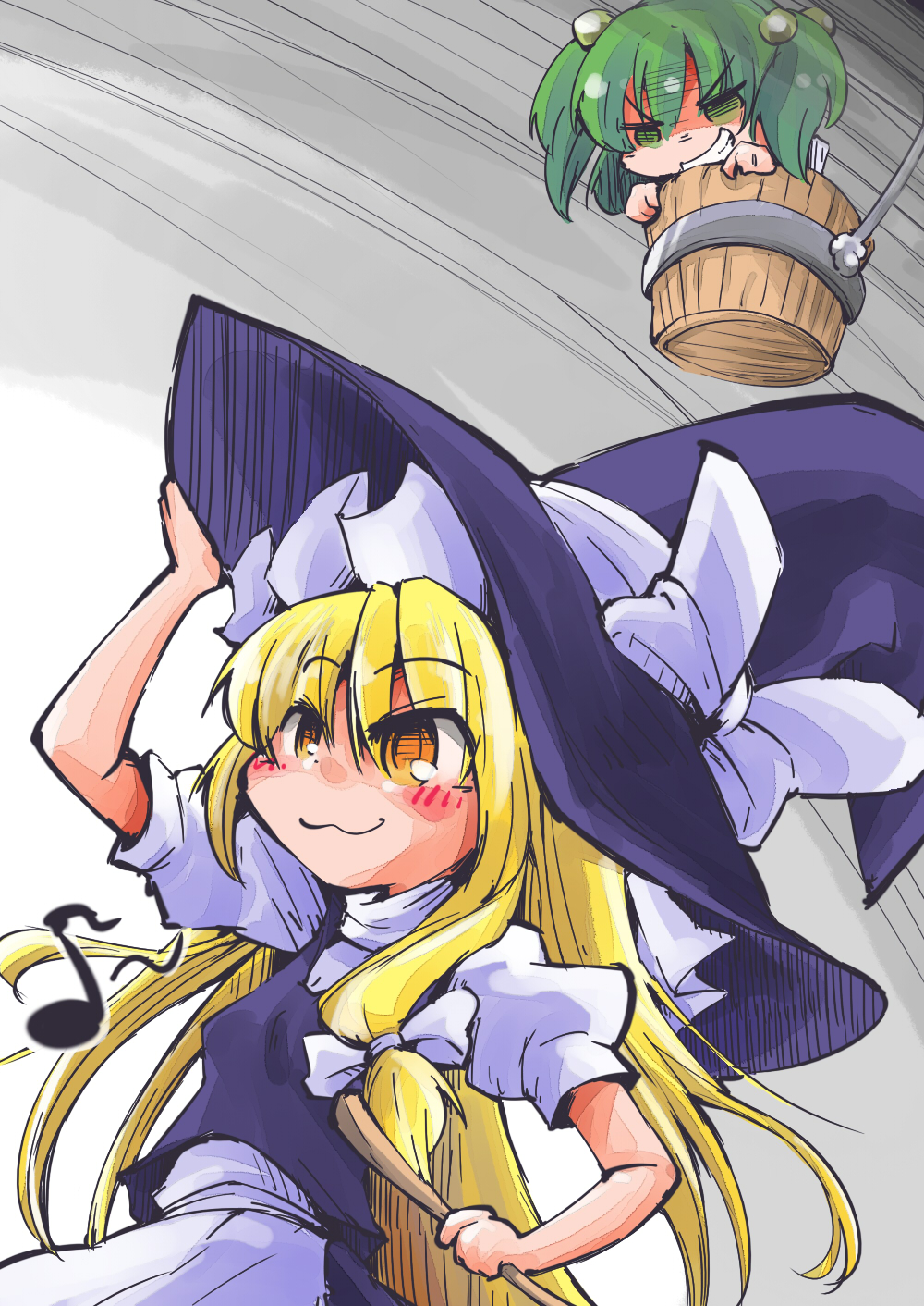 :3 apron blonde_hair bow bucket commentary crazy_smile green_eyes green_hair grin hair_bobbles hair_ornament hat hat_bow highres in_bucket in_container kirisame_marisa kisume long_hair multiple_girls musical_note purple_hair shaded_face shinapuu smile smirk touhou very_long_hair witch_hat wooden_bucket yellow_eyes