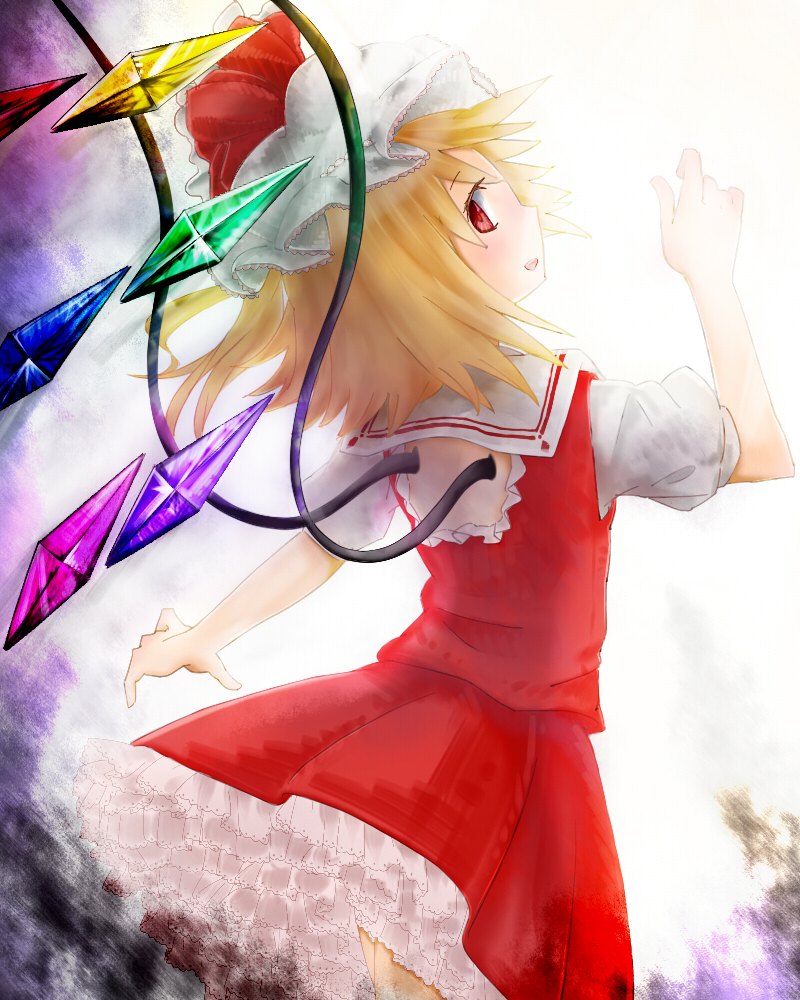 arm_up backlighting bad_id bad_pixiv_id blonde_hair flandre_scarlet from_behind gradient gradient_background hand_up hat hat_ribbon looking_at_viewer looking_back mob_cap narupegu_(zousanyasan) outstretched_arm parted_lips petticoat red_eyes ribbon short_hair skirt skirt_set solo touhou wings