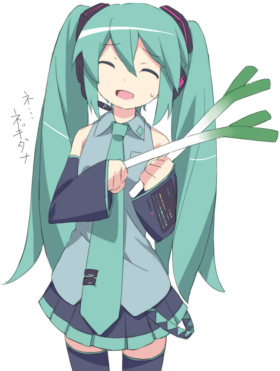 bad_id bad_pixiv_id closed_eyes detached_sleeves green_hair hatsune_miku headset highres long_hair open_mouth ppopar skirt solo spring_onion thighhighs twintails very_long_hair vocaloid white_background