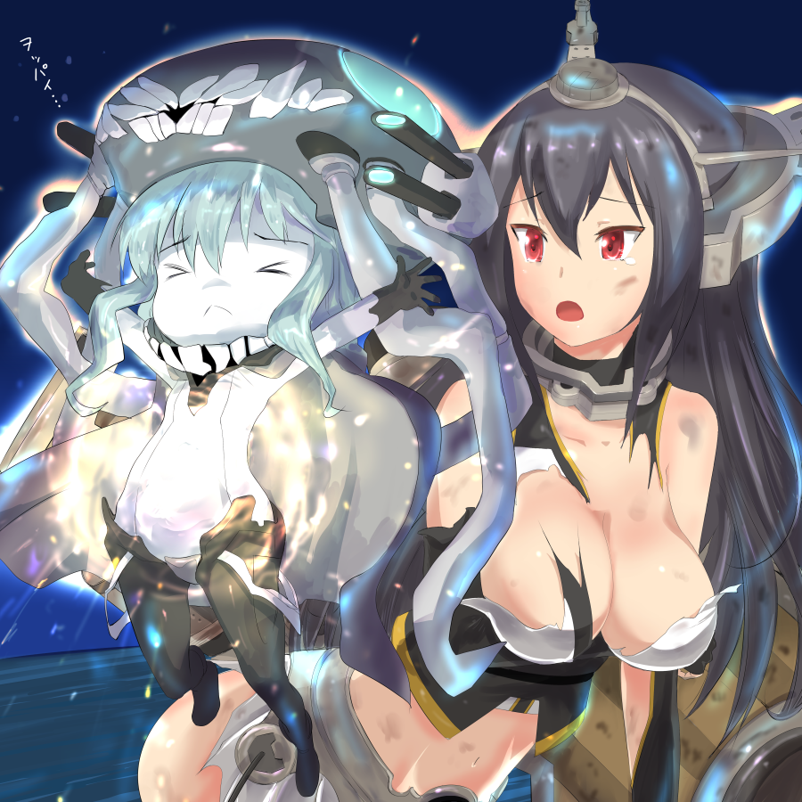 &gt;_&lt; :&lt; :o black_hair blue_hair blue_skin breasts chibi closed_eyes kantai_collection large_breasts long_hair multiple_girls mushi_gyouza nagato_(kantai_collection) navel open_mouth outstretched_arms red_eyes shinkaisei-kan spread_arms tears torn_clothes tsurime wo-class_aircraft_carrier